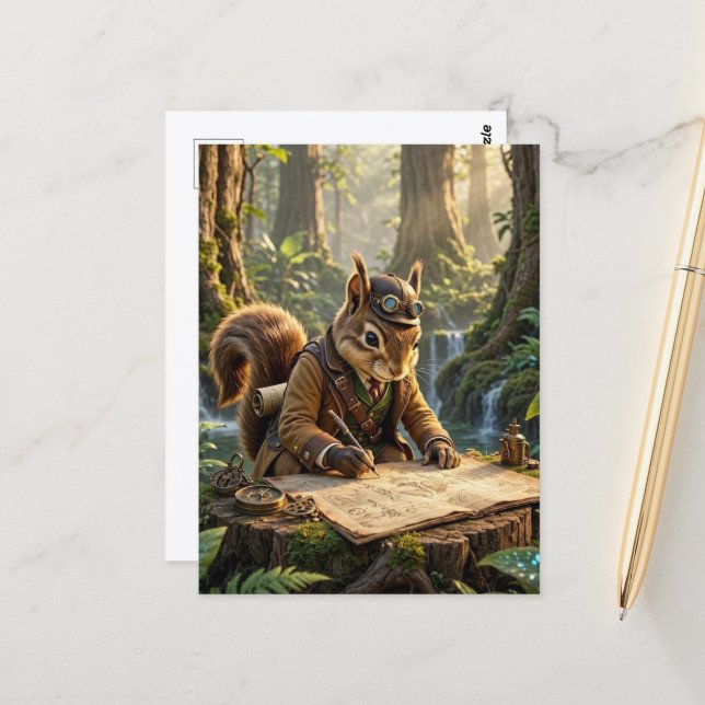 Cute Steampunk Squirrel Explorer Postcard (Front/Back In Situ)