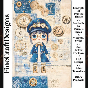 Cute Steampunk Watercolor Doll, Blue BH8 Decoupage Tissue Paper