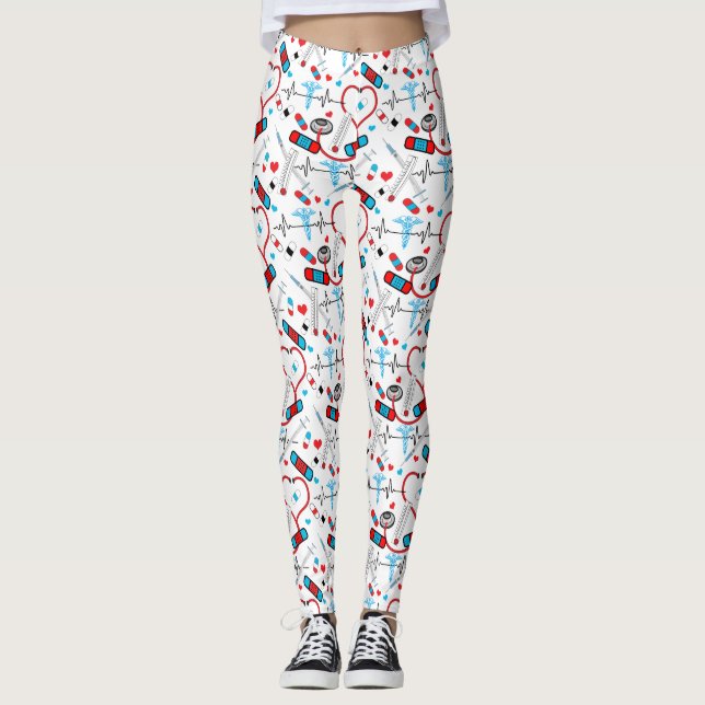 Cute Stethoscope Nurse | Doctor EKG Pattern Leggings (Front)
