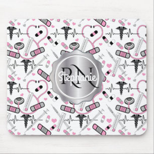 Cute Stethoscope Nurse Doctor EKG Pattern Name Mouse Mat