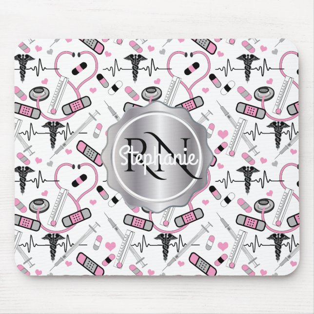 Cute Stethoscope Nurse | Doctor EKG Pattern Name Mouse Mat (Front)