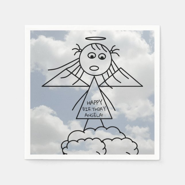 Cute Stick Figure Angel Girl on Clouds Birthday Napkin (Front)