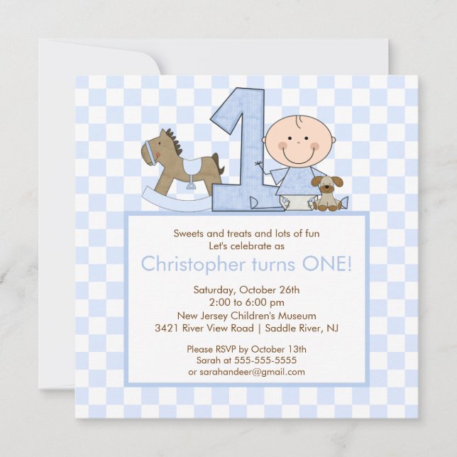 Cute Stick figure Boy 1st  Birthday Invitation (Front)
