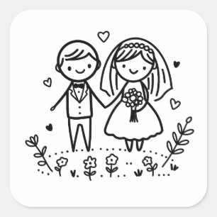 Cute Stick Figure Bride and Groom Wedding Square Sticker