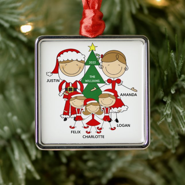 Cute Stick Figure Family of 5 Christmas Ornament (Tree)