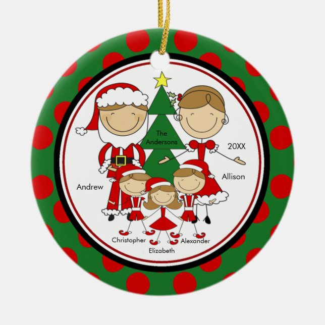 Cute Stick Figure Family of 5 Christmas Ornament (Front)