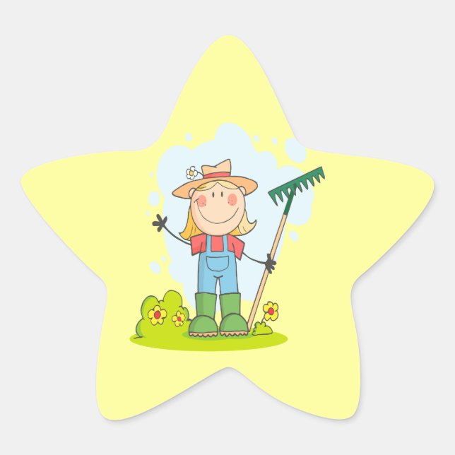 cute stick figure girl gardener farmer star sticker (Front)