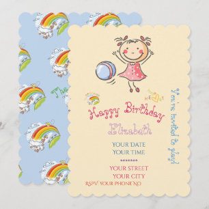Cute Stick Figure Girl Playing Ball Rainbow Dove Invitation
