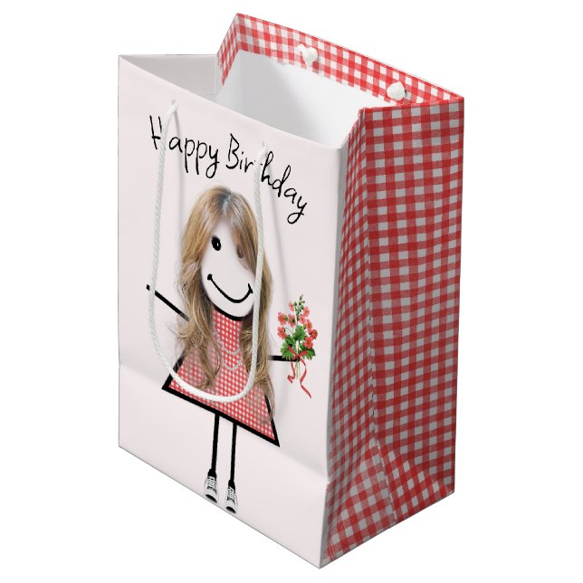 Cute Stick Figure Girl With Birthday Bouquet Medium Gift Bag (Front Angled)