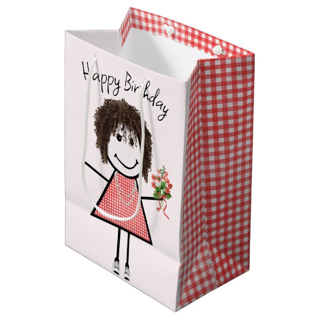 Cute Stick Figure Girl With Birthday Bouquet Medium Gift Bag (Front Angled)