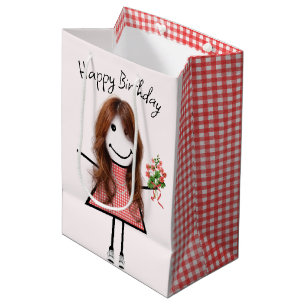 Cute Stick Figure Girl With Birthday Bouquet Medium Gift Bag