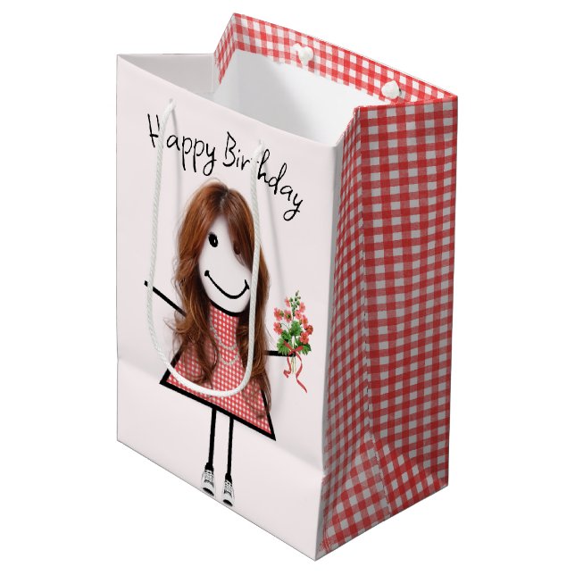 Cute Stick Figure Girl With Birthday Bouquet Medium Gift Bag (Front Angled)