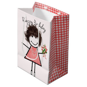 Cute Stick Figure Girl With Birthday Bouquet Medium Gift Bag