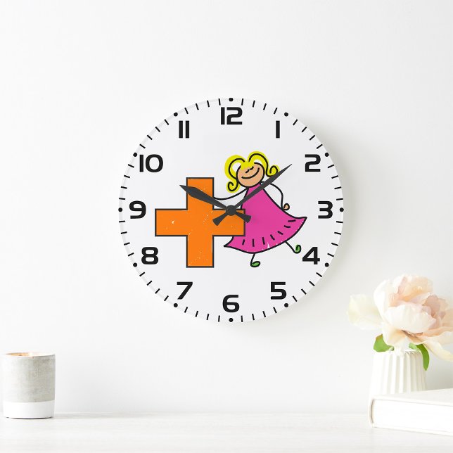 Cute Stick Figure Girl with Plus Sign  Large Clock (Creator Uploaded)