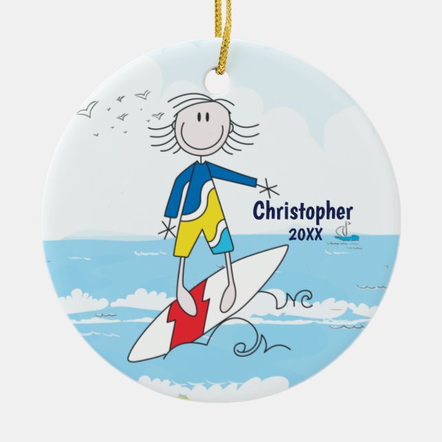 Cute Stick Figure Surfer Boy Christmas Ornament (Front)