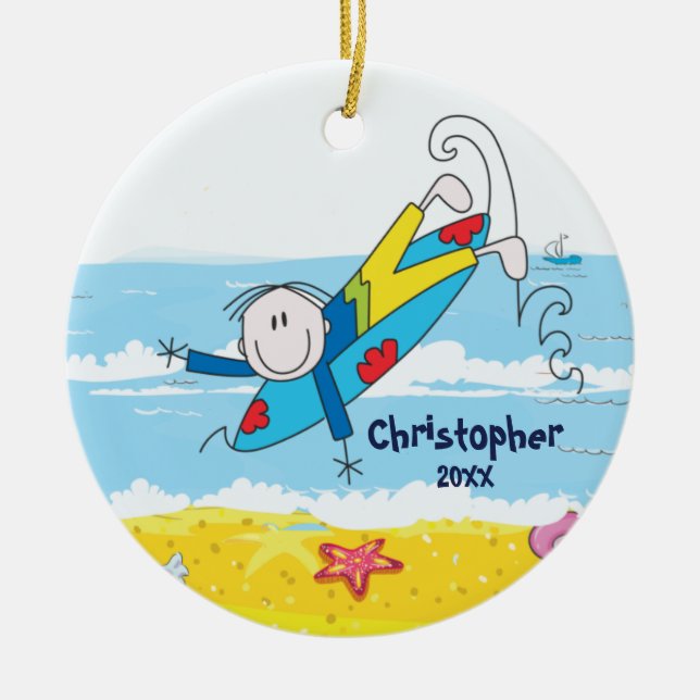 Cute Stick Figure Surfer Boy Christmas Ornament (Front)