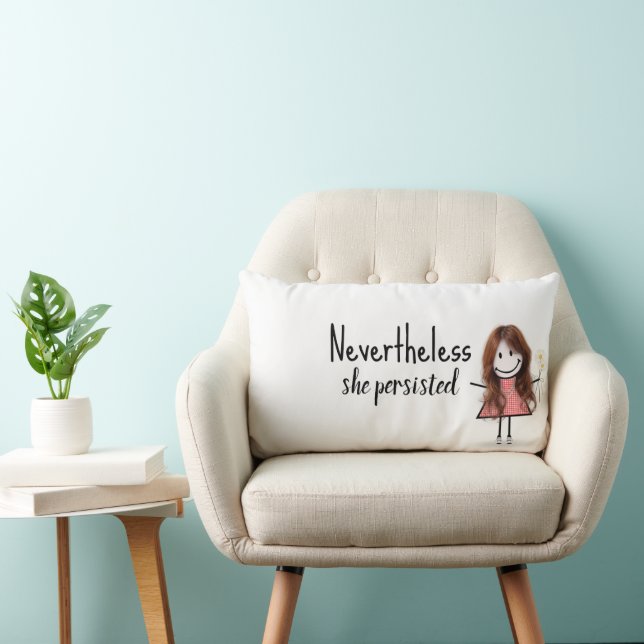 Cute Stick Girl in Gingham Dress with Quote   Lumbar Cushion (Chair)