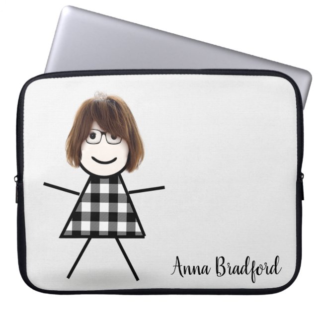 Cute Stick Girl with Hair and Name Laptop Sleeve (Front)