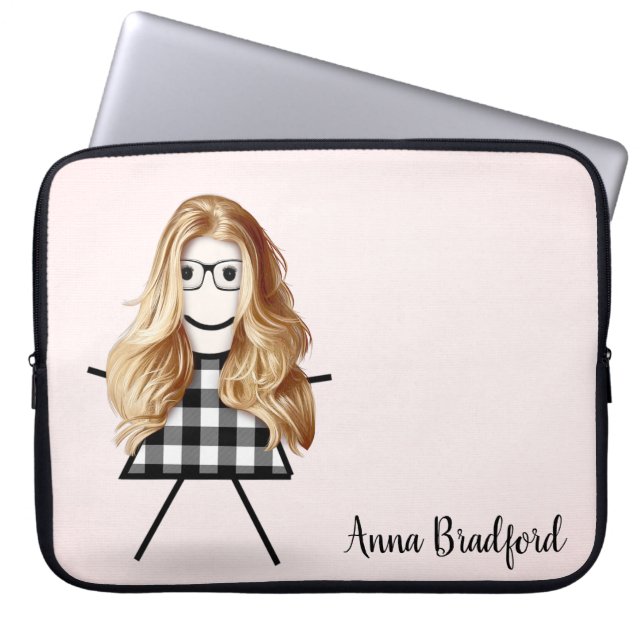 Cute Stick Girl with Hair and Name Laptop Sleeve (Front)