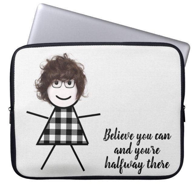 Cute Stick Girl with Hair and Quote Laptop Sleeve (Front)