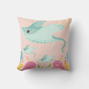 Cute stingrays in pink ocean scene, cushion