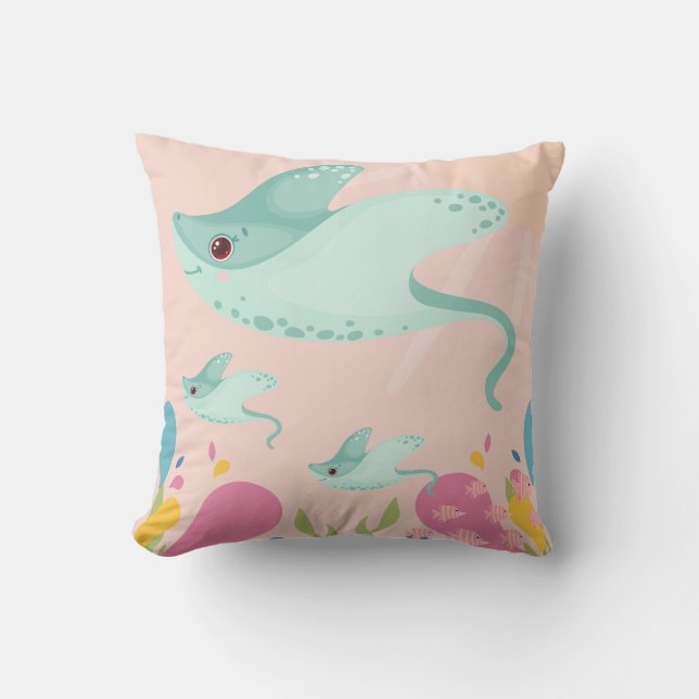 Cute stingrays in pink ocean scene, cushion (Front)