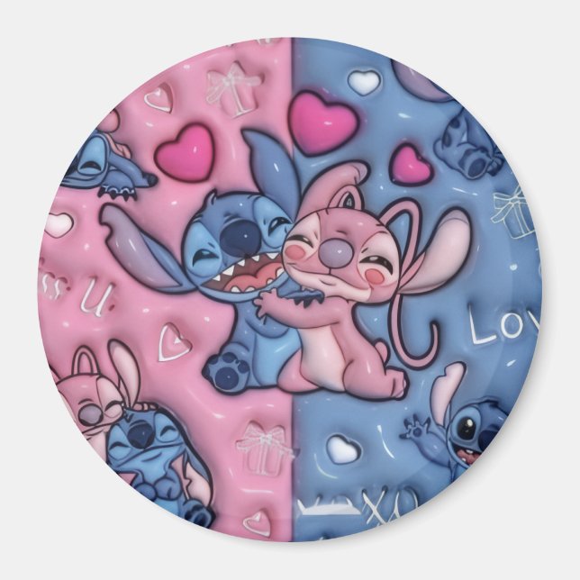Cute Stitch and Angel Round MagnetMagnet Magnet (Front)