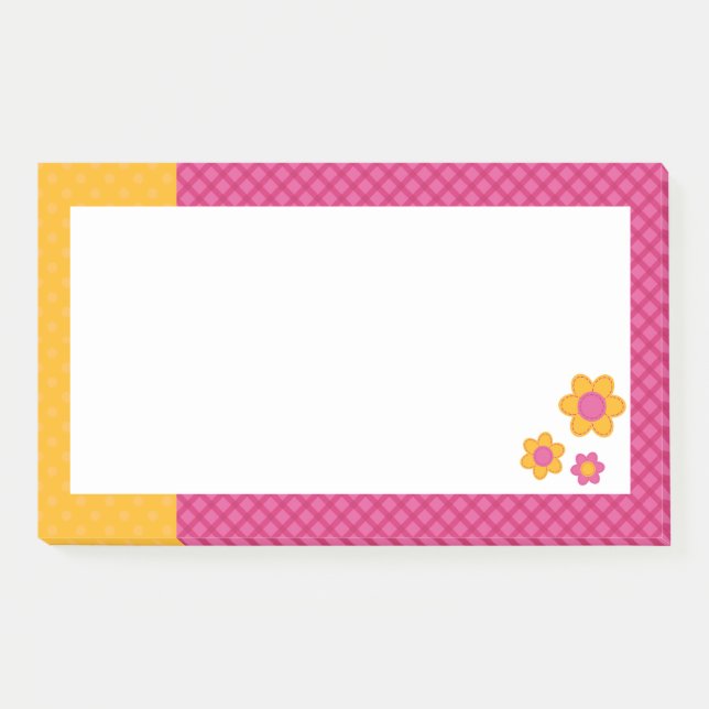 Cute stitched flowers on pink plaid and yellow dot post-it notes (Front)