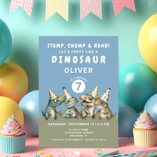 Cute Stomp, Chomp & Roar Dinosaur 7th Birthday Invitation