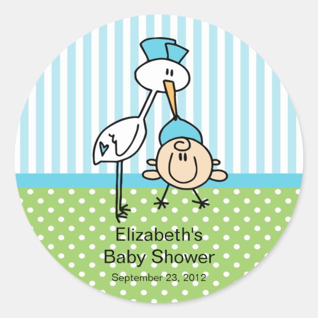 Cute Stork Baby Boy Baby Shower Classic Round Sticker (Front)