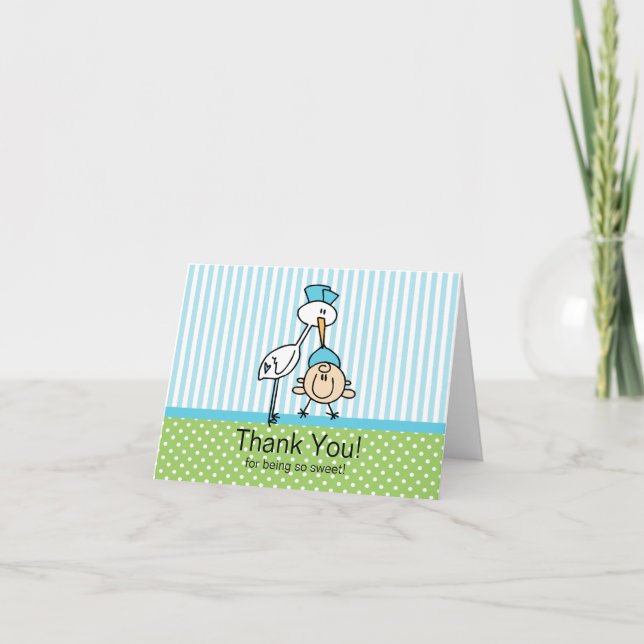 Cute Stork Baby Boy Baby Shower Thank You Card (Front)