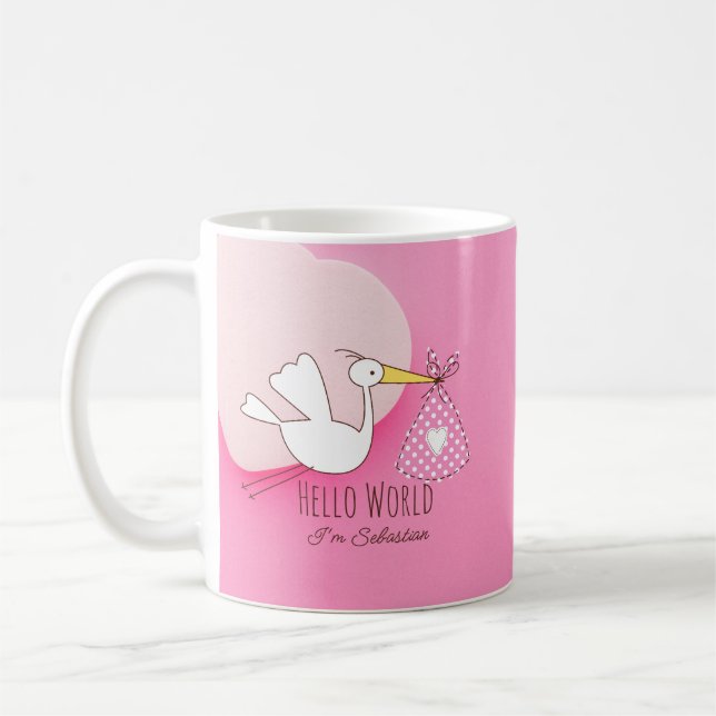 Cute Stork Baby Boy Hello World Sebastian Pink Mug (Left)