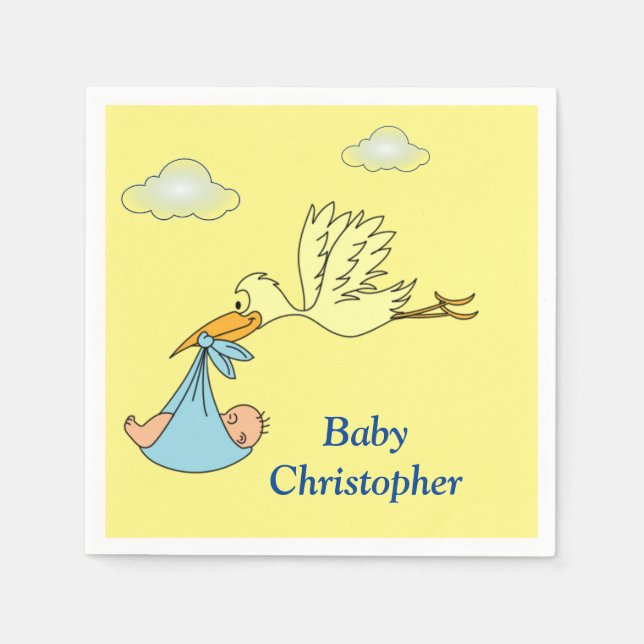 Cute Stork Baby Boy Shower Name Blue Yellow  Napkin (Front)