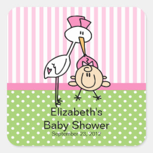 Cute Stork Baby Girl Baby Shower Square Sticker