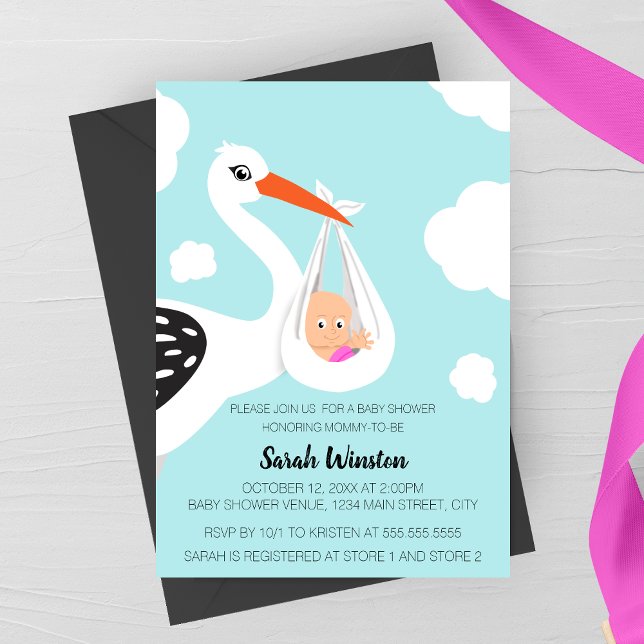 Cute Stork Baby Shower Invitation (Modern Sleek Stork Baby Shower Invitation for GIrls)