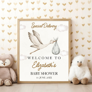 Cute Stork Baby Shower Neutral Poster