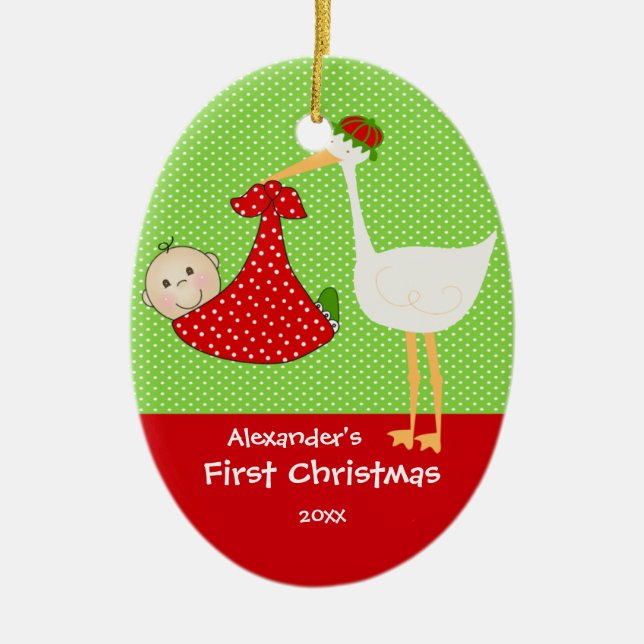 Cute Stork Baby's First Christmas Ornament (Front)