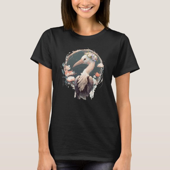 Cute Stork Bird Flower Crown Floral Birds T-Shirt (Front)