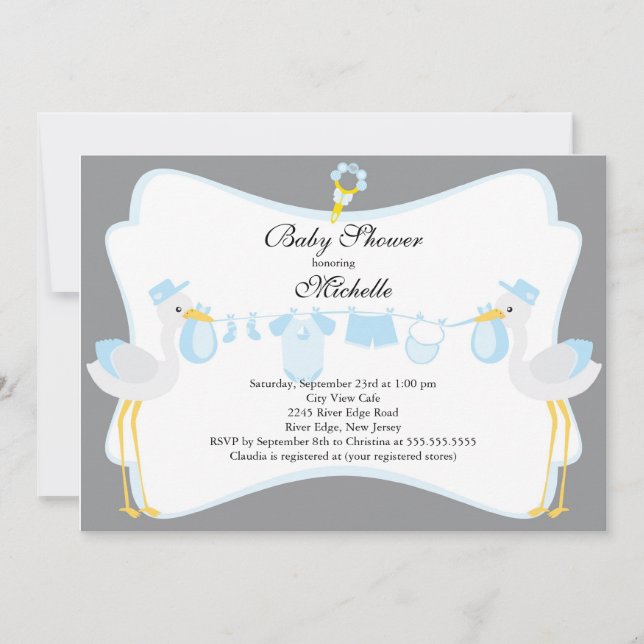 Cute Stork Boy Baby Shower Invitation (Front)