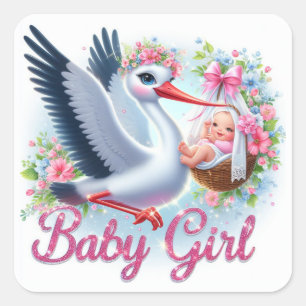 Cute Stork Carrying Baby Girl Square Sticker