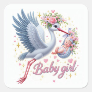 Cute Stork Carrying Baby Girl Square Sticker