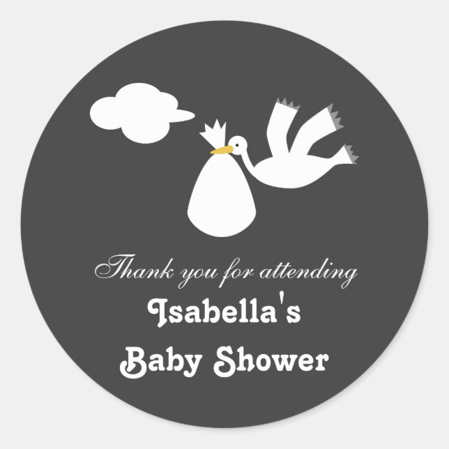Cute Stork Carrying Bundle White Grey Baby Shower Classic Round Sticker (Front)