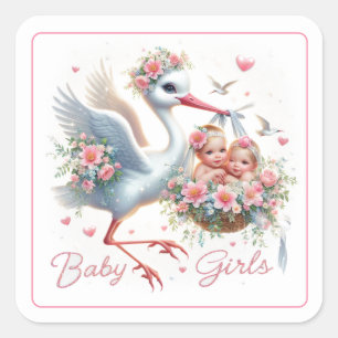 Cute Stork Carrying Twin Baby Girls Square Sticker