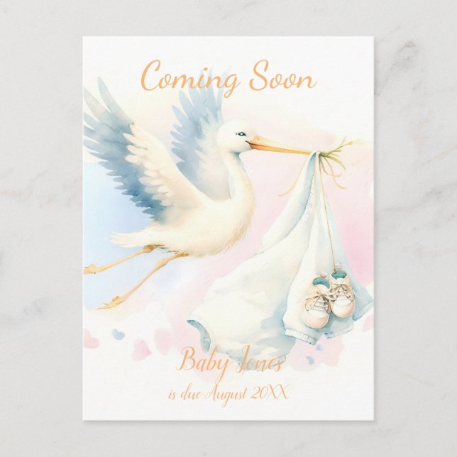 Cute Stork coming soon announcement Invitation Postcard (Front)