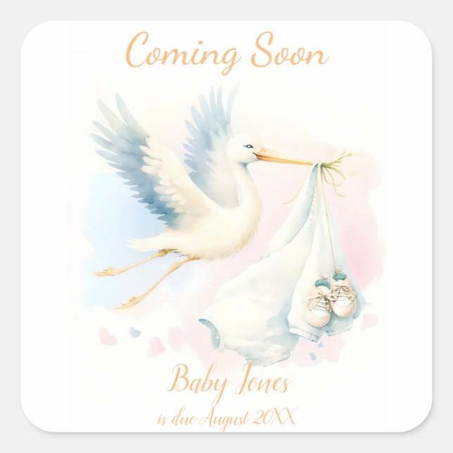 Cute Stork coming soon announcement Invitation Square Sticker (Front)