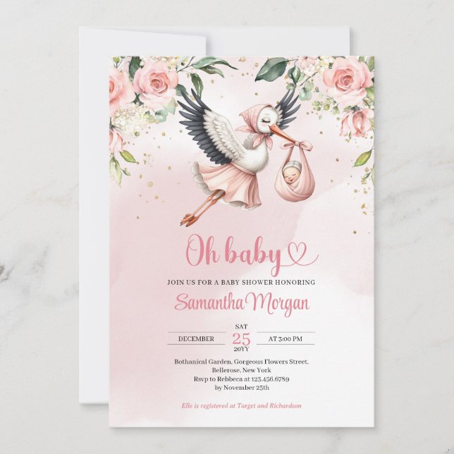 Cute stork delivering a baby girl floral invitation (Front)
