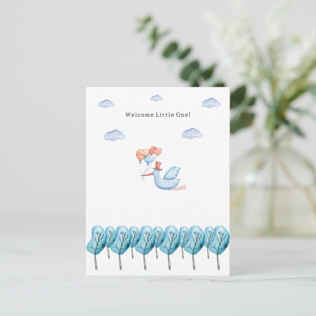 Cute Stork Flying Over The Forest Welcome New Baby Postcard (Standing Front)