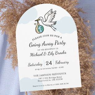 Cute Stork Holding World Going Away Invitation