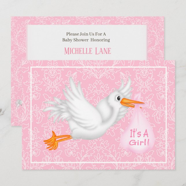 Cute Stork It's a Girl Pink Baby Shower Invitation (Front/Back)