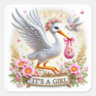 Cute Stork It's A Girl with Baby and Flowers Square Sticker